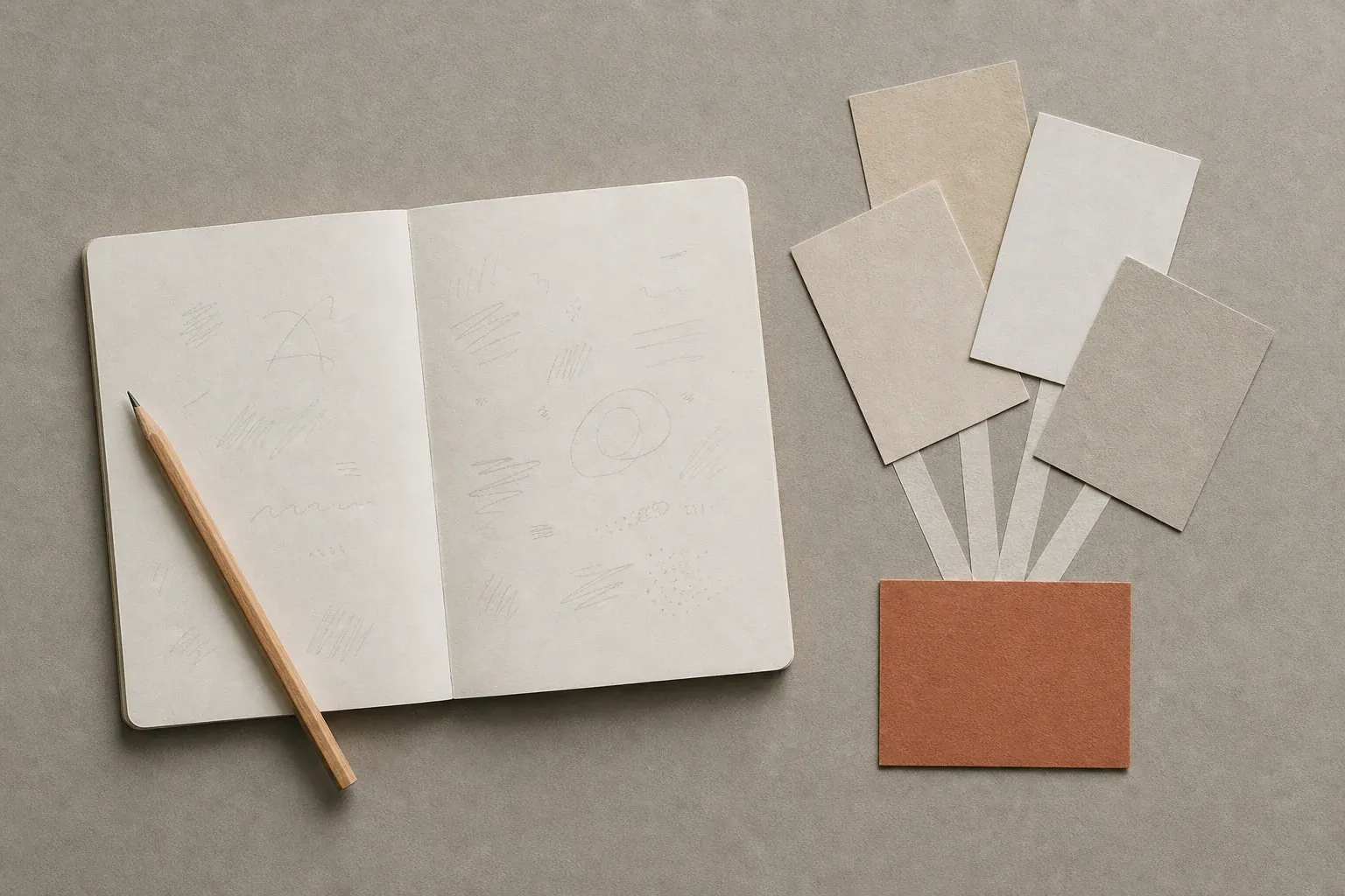 An open notebook, a pencil, and several paper choices leading toward one terracotta card.