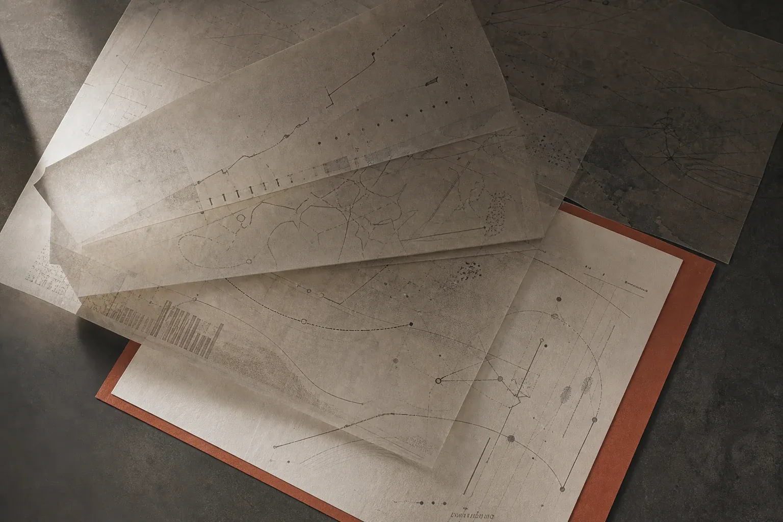 Layers of translucent paper carry faint map-like traces above a sheet edged in terracotta.